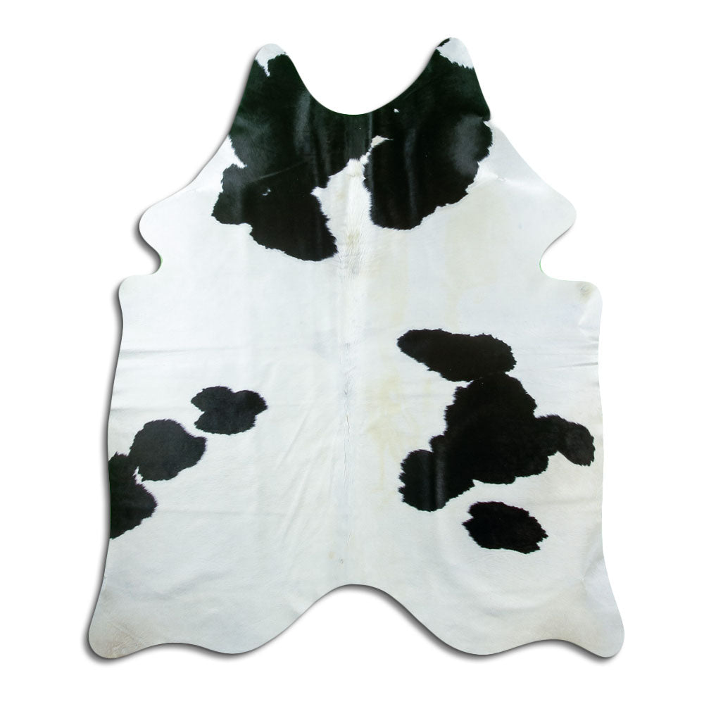 Zwart-witte koeienhuid, ongeveer 180 × 150 cm, van bovenaf gezien: precies de huid die je ontvangt