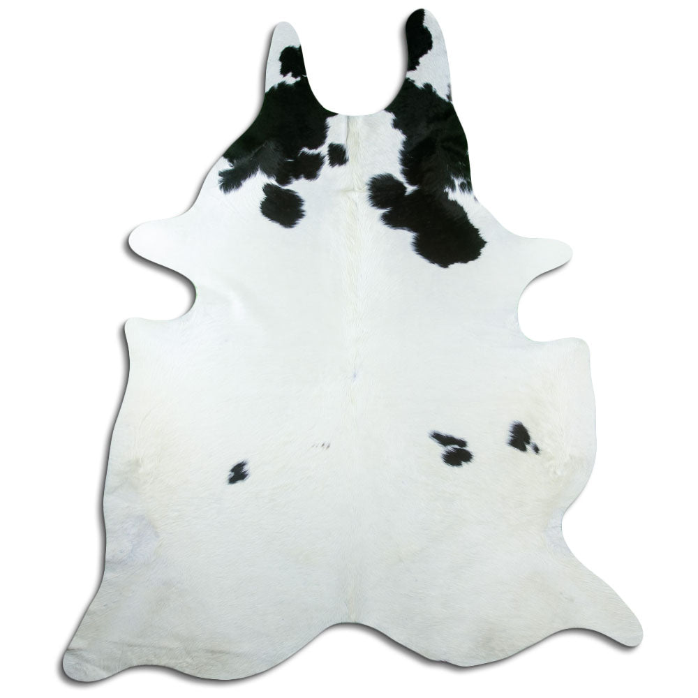Zwart-witte koeienhuid, ongeveer 240 × 210 cm, van bovenaf gezien: precies de huid die je ontvangt