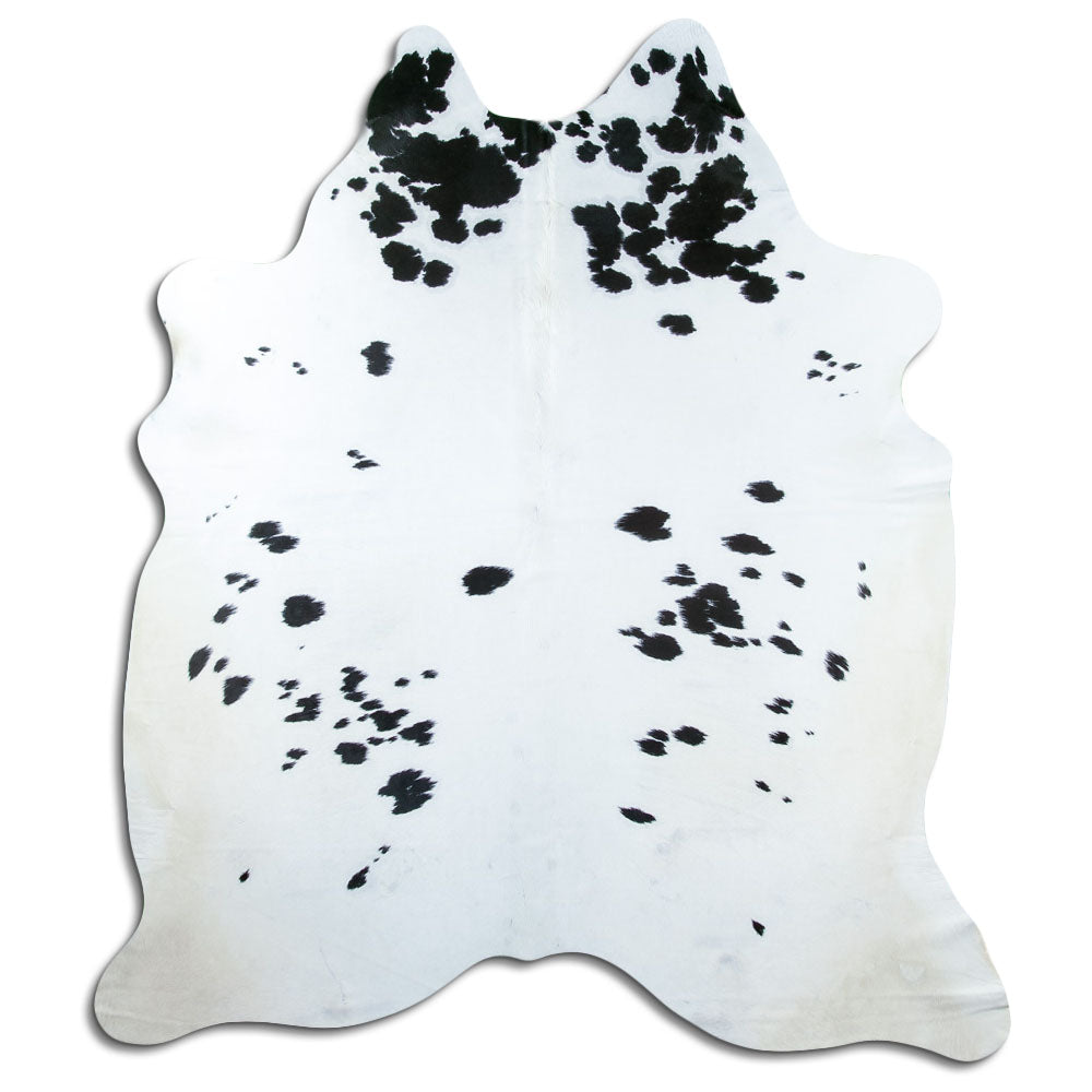 Zwart-witte koeienhuid, ongeveer 220 × 190 cm, van bovenaf gezien: precies de huid die je ontvangt