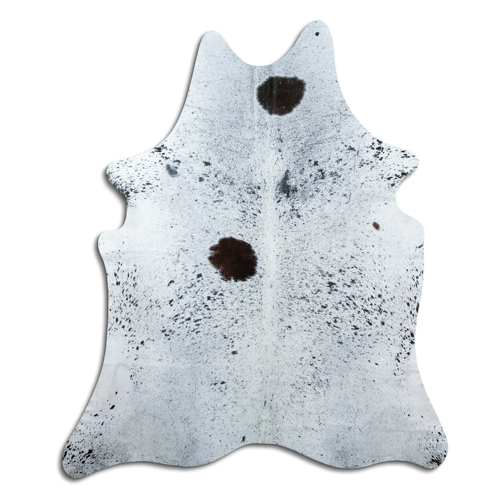 Salt & pepper koeienhuid, ongeveer 190 × 160 cm, van bovenaf gezien: precies de huid die je ontvangt