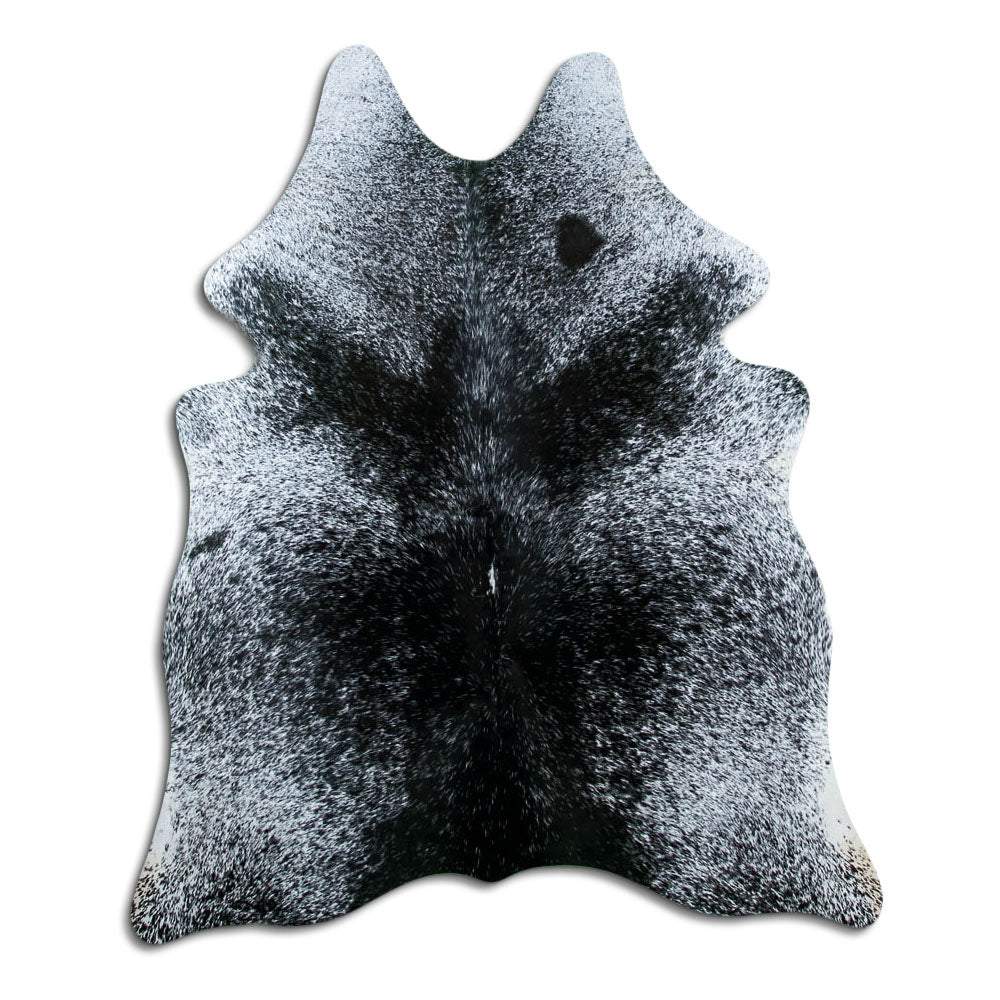Salt & pepper koeienhuid, ongeveer 180 × 150 cm, van bovenaf gezien: precies de huid die je ontvangt