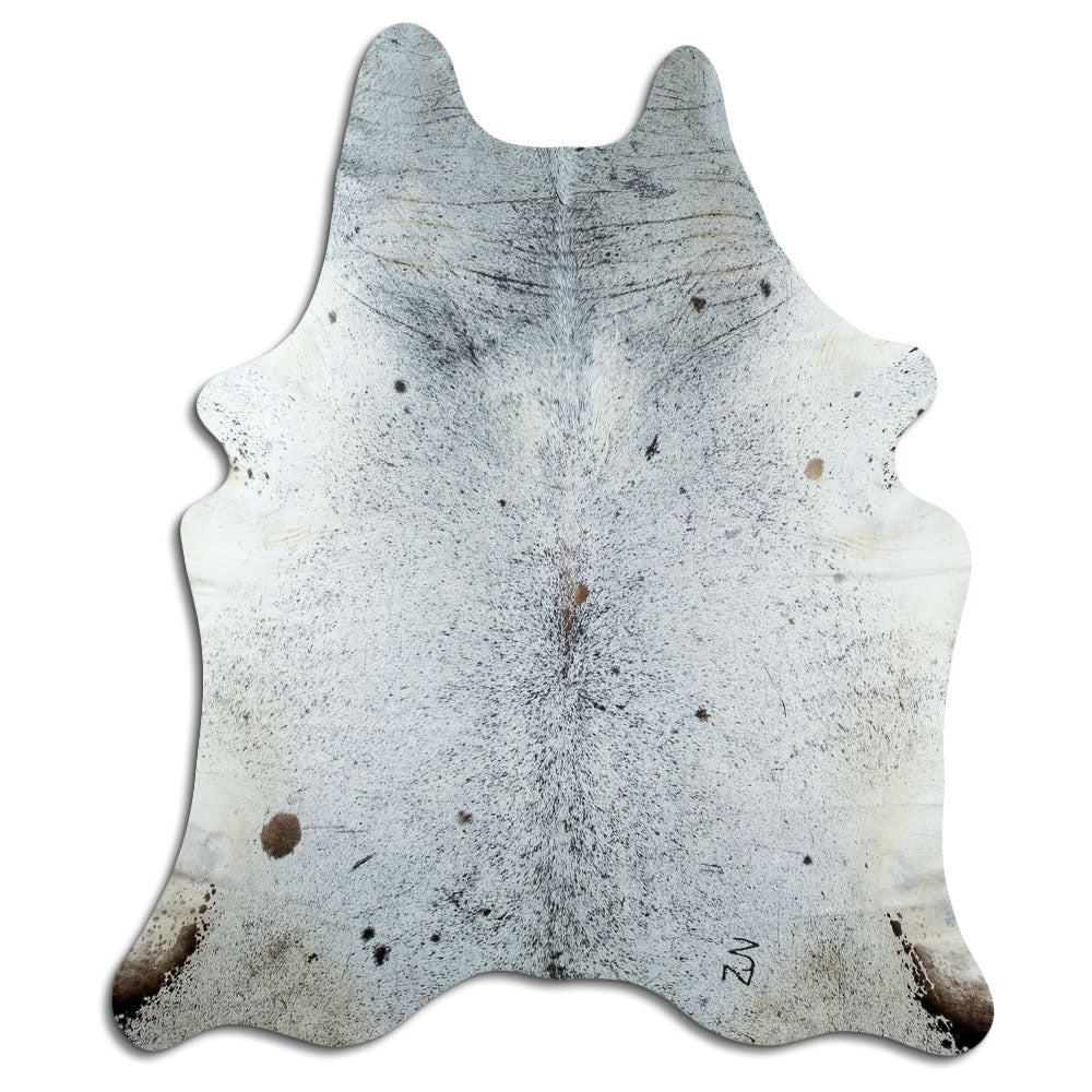 Salt & pepper koeienhuid, ongeveer 230 × 200 cm, van bovenaf gezien: precies de huid die je ontvangt