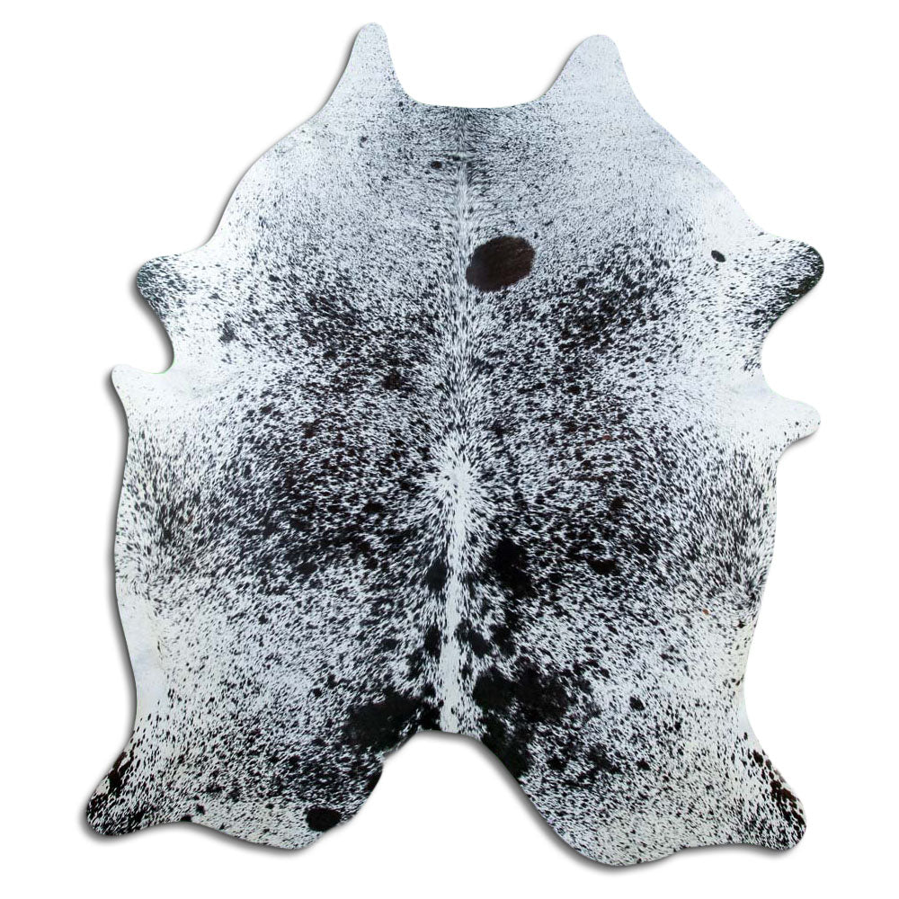 Salt & pepper koeienhuid, ongeveer 210 × 180 cm, van bovenaf gezien: precies de huid die je ontvangt
