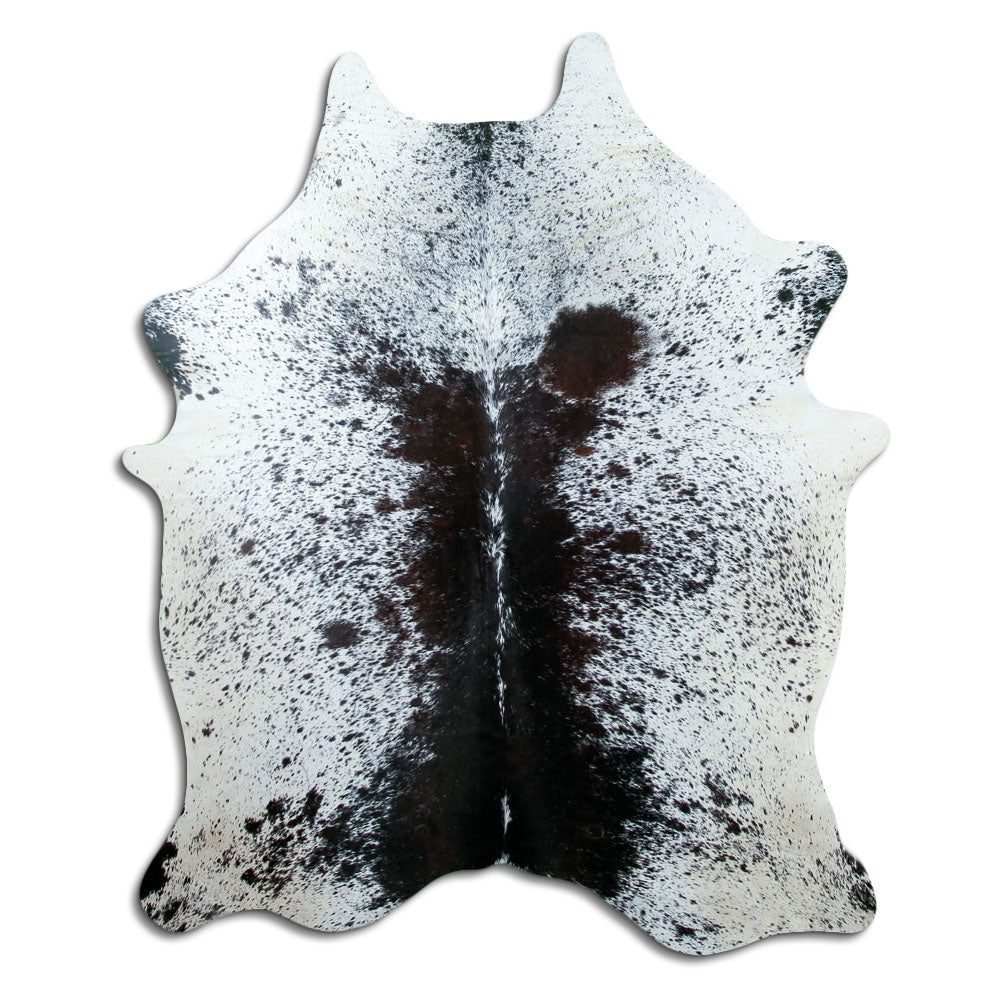 Salt & pepper koeienhuid, ongeveer 210 × 170 cm, van bovenaf gezien: precies de huid die je ontvangt