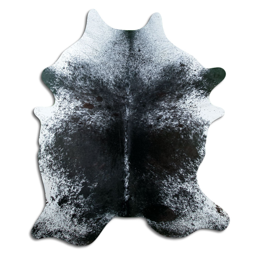 Salt & pepper koeienhuid, ongeveer 210 × 170 cm, van bovenaf gezien: precies de huid die je ontvangt