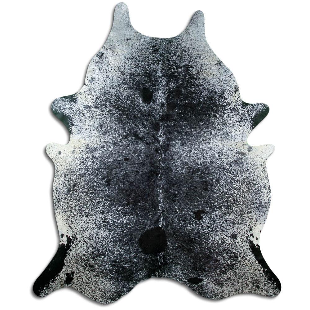 Salt & pepper koeienhuid, ongeveer 230 × 190 cm, van bovenaf gezien: precies de huid die je ontvangt