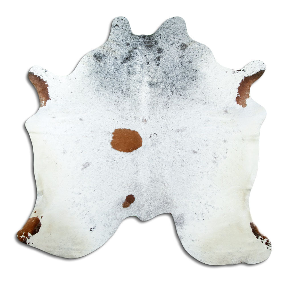 Salt & pepper koeienhuid, ongeveer 180 × 180 cm, van bovenaf gezien: precies de huid die je ontvangt