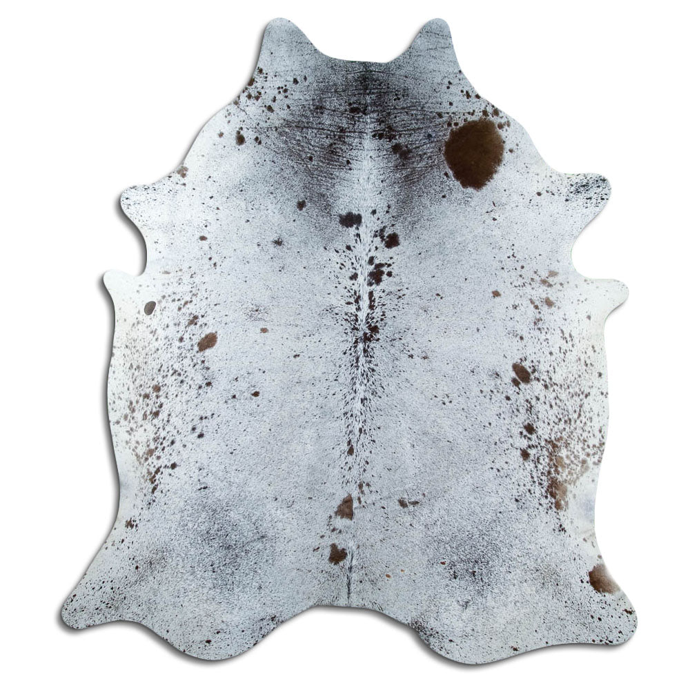 Salt & pepper koeienhuid, ongeveer 220 × 200 cm, van bovenaf gezien: precies de huid die je ontvangt