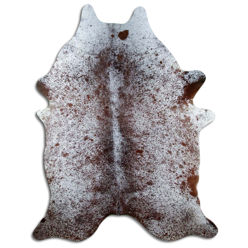 Salt & pepper koeienhuid, ongeveer 230 × 180 cm, van bovenaf gezien: precies de huid die je ontvangt