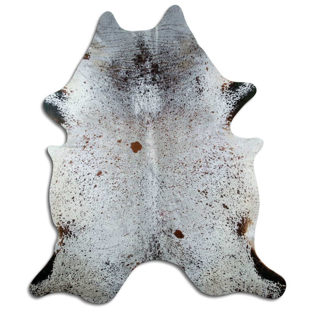 Salt & pepper koeienhuid, ongeveer 230 × 200 cm, van bovenaf gezien: precies de huid die je ontvangt