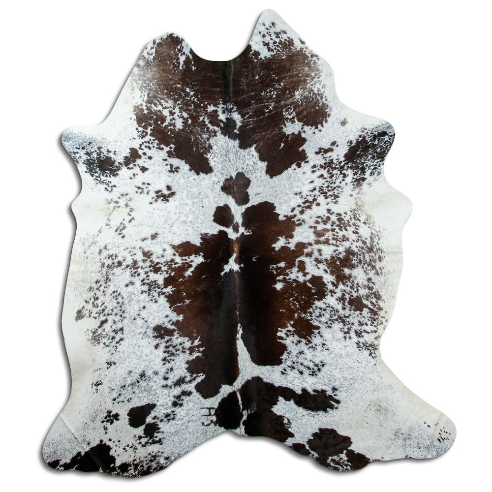 Salt & pepper koeienhuid, ongeveer 210 × 180 cm, van bovenaf gezien: precies de huid die je ontvangt