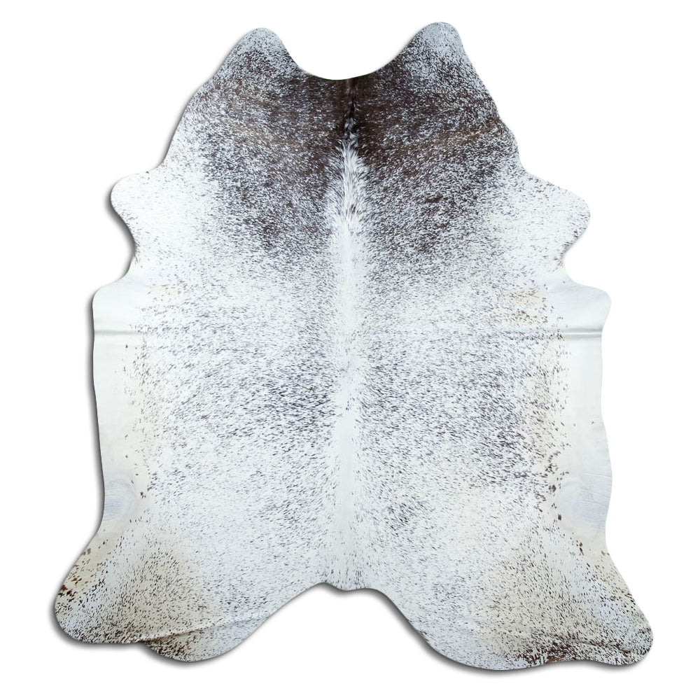 Salt & pepper koeienhuid, ongeveer 230 × 210 cm, van bovenaf gezien: precies de huid die je ontvangt