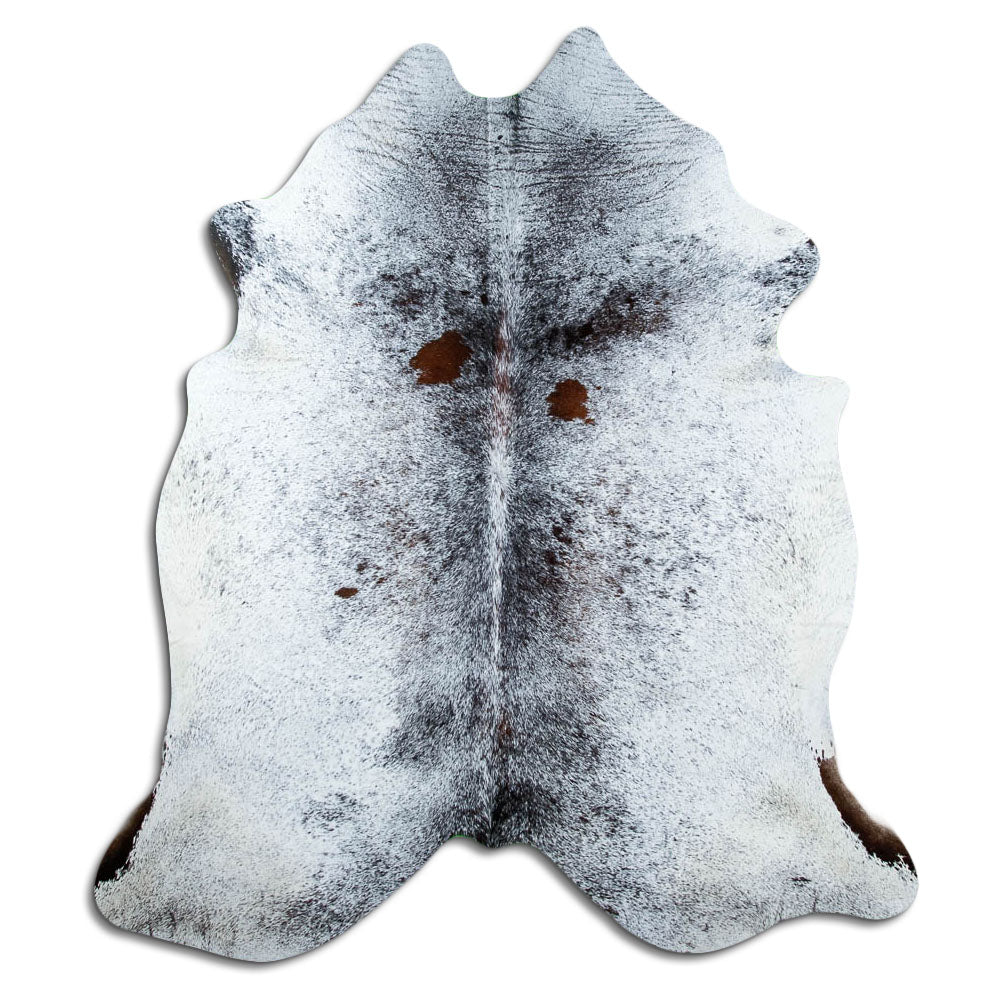 Salt & pepper koeienhuid, ongeveer 210 × 190 cm, van bovenaf gezien: precies de huid die je ontvangt