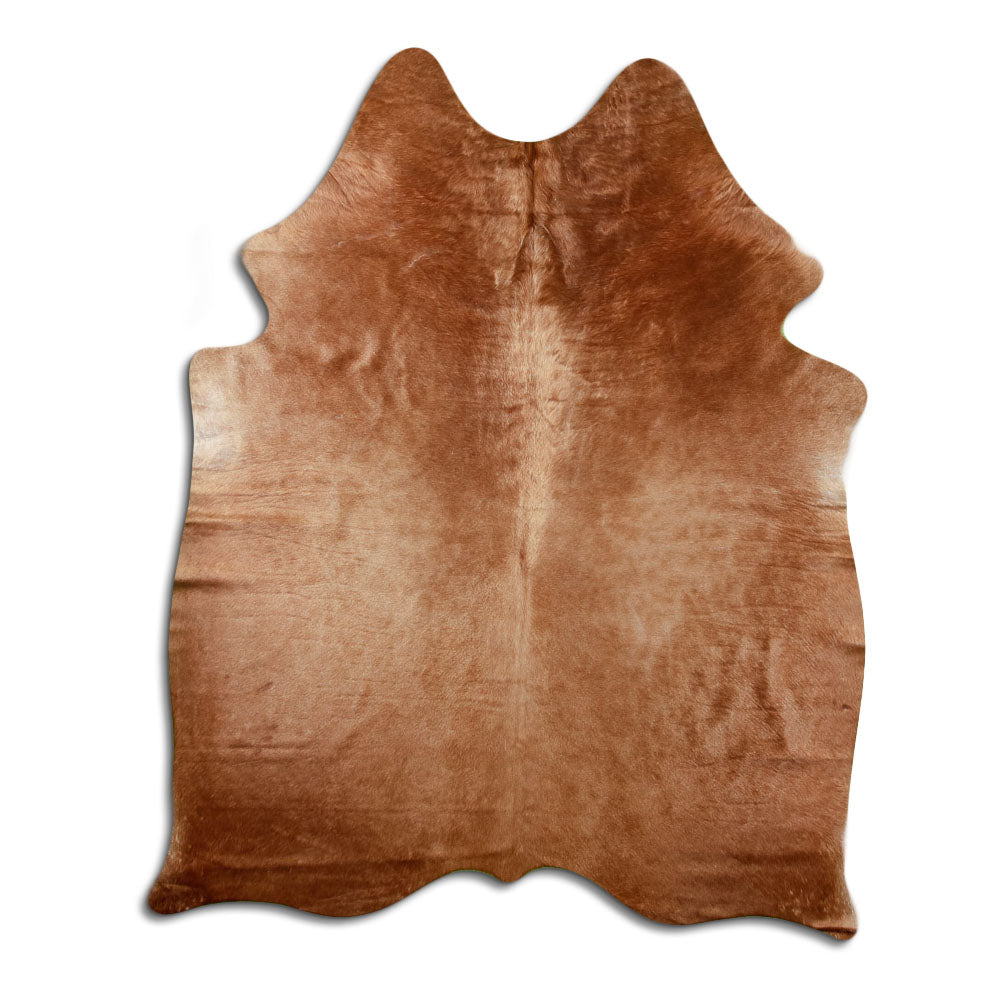 Bruine koeienhuid, ongeveer 190 × 150 cm, van bovenaf gezien: precies de huid die je ontvangt