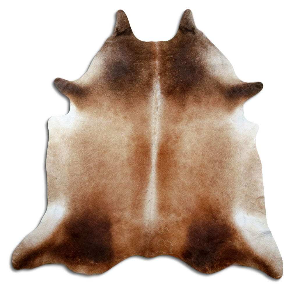 Bruine koeienhuid, ongeveer 220 × 220 cm, van bovenaf gezien: precies de huid die je ontvangt