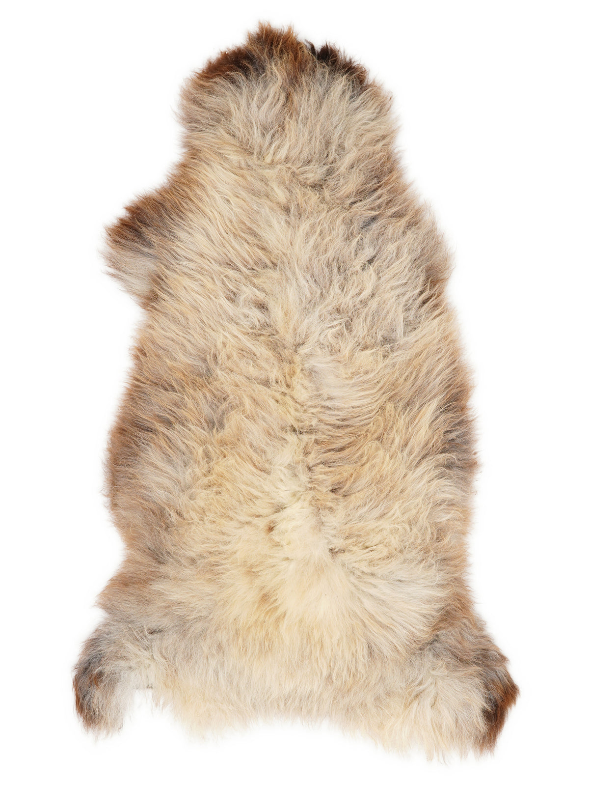 Britse meerkleurige schapenvacht, ongeveer 130 × 60 cm, van bovenaf gezien: precies de vacht die je ontvangt