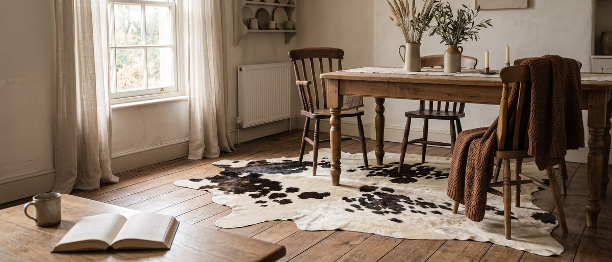 Zwart-witte koeienhuid onder een eettafel