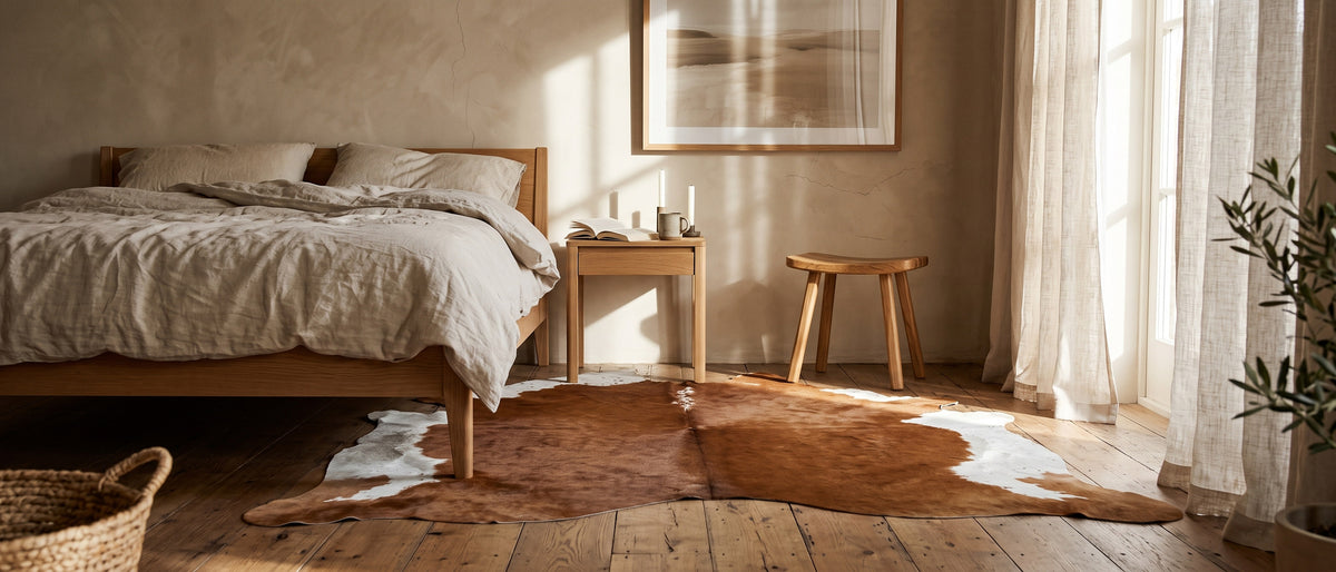 Bruin-witte koeienhuid naast een eikenhouten bed