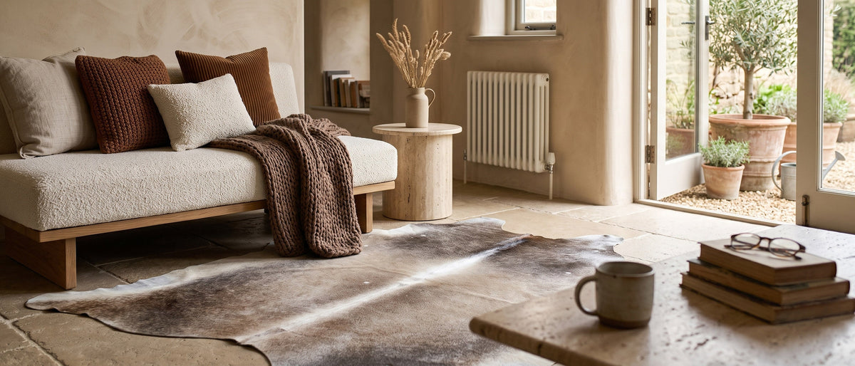 Koeienhuid op een stenen vloer in een lichte woonkamer
