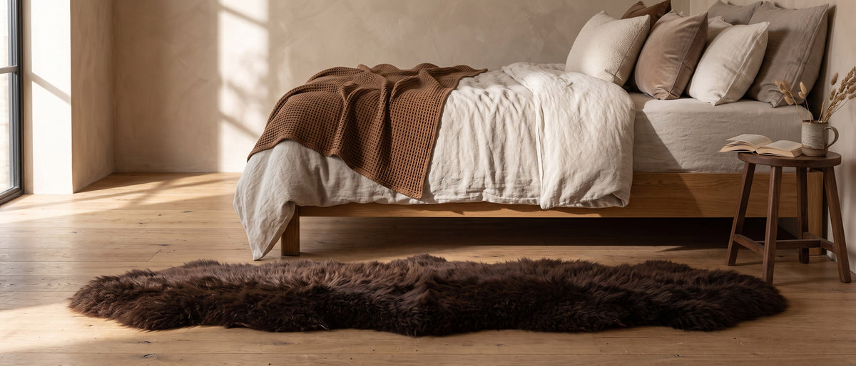 Bruine schapenvacht loper naast een bed