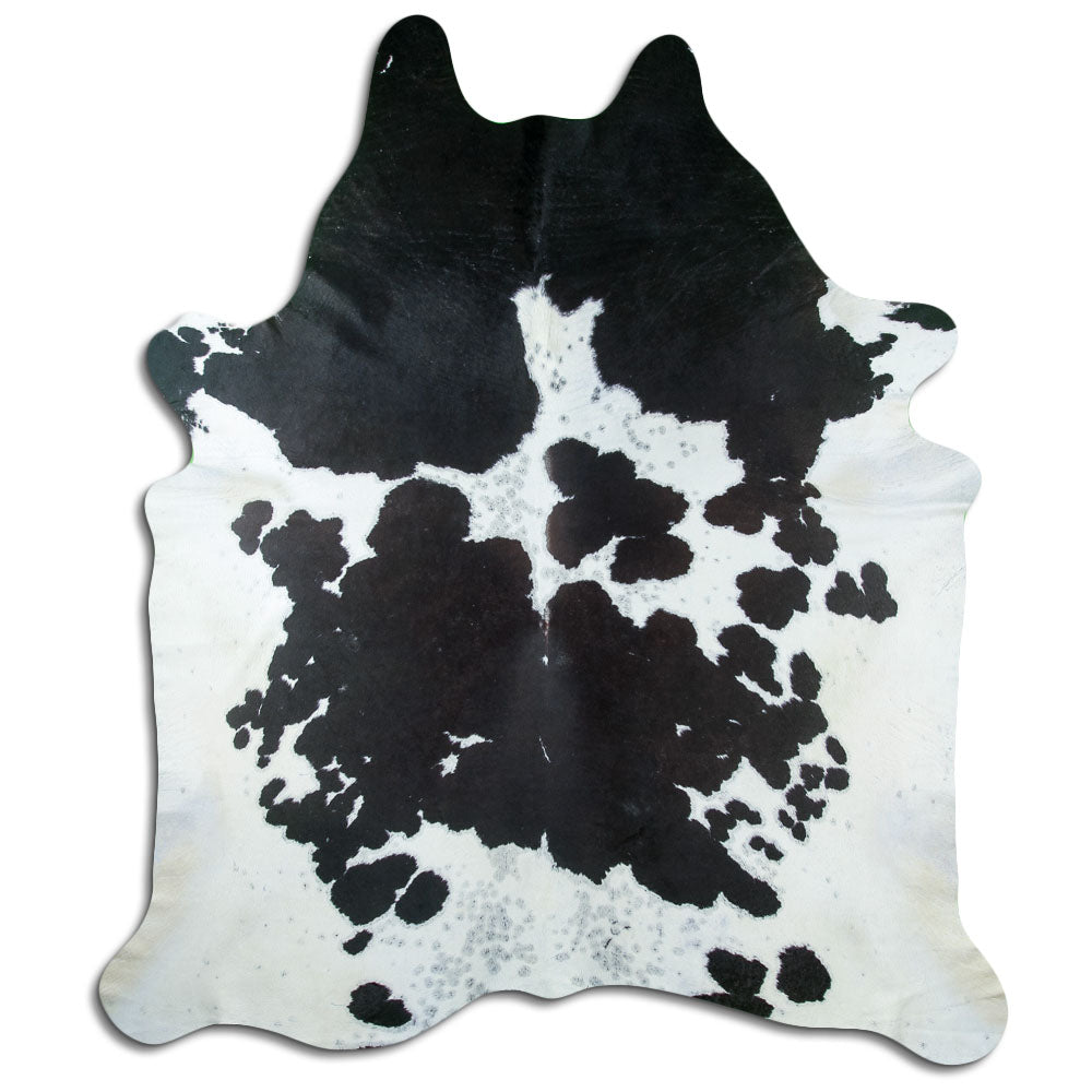 Zwart-witte koeienhuid, ongeveer 240 × 210 cm, van bovenaf gezien: precies de huid die je ontvangt