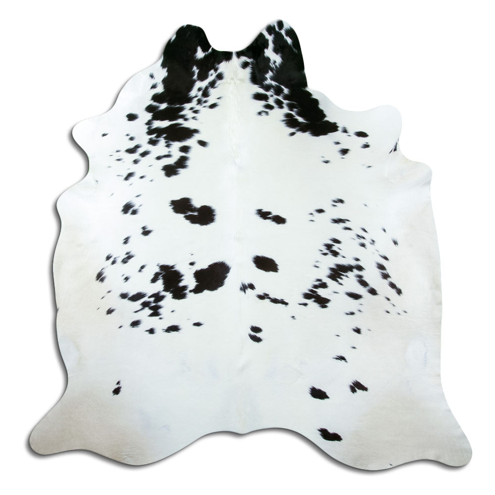 Zwart-witte koeienhuid, ongeveer 200 × 200 cm, van bovenaf gezien: precies de huid die je ontvangt