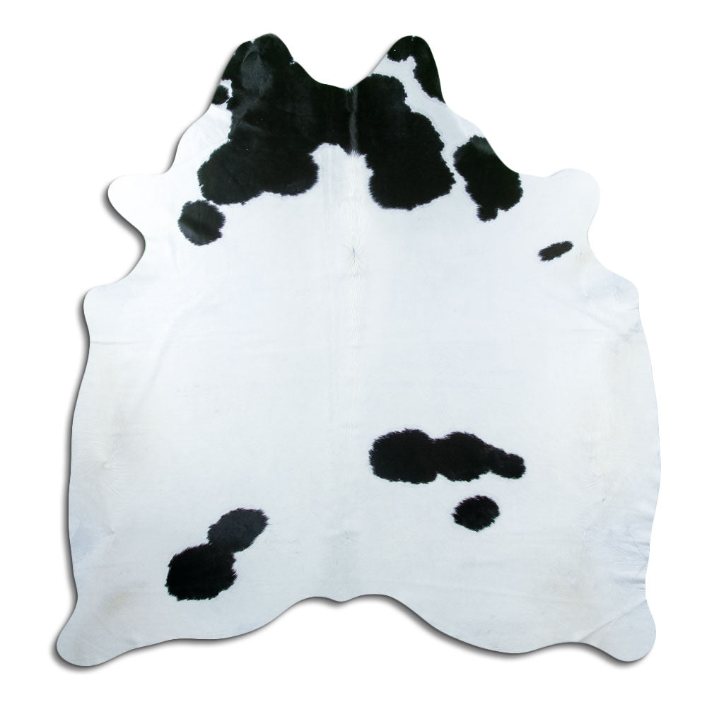 Zwart-witte koeienhuid, ongeveer 200 × 180 cm, van bovenaf gezien: precies de huid die je ontvangt