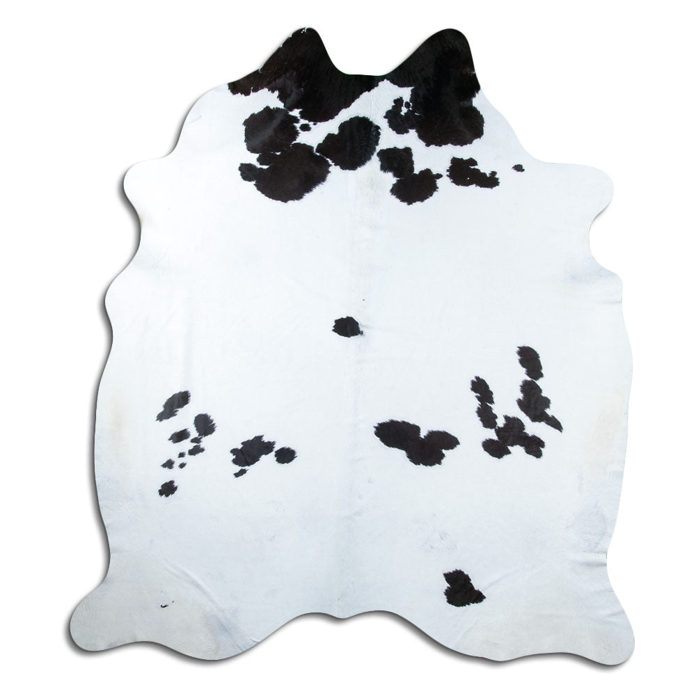Zwart-witte koeienhuid, ongeveer 240 × 210 cm, van bovenaf gezien: precies de huid die je ontvangt
