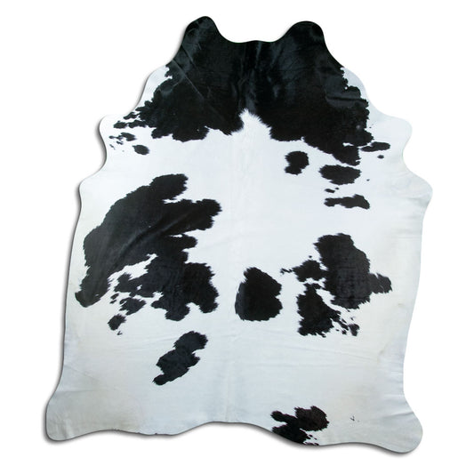 Zwart-witte koeienhuid, ongeveer 240 × 210 cm, van bovenaf gezien: precies de huid die je ontvangt