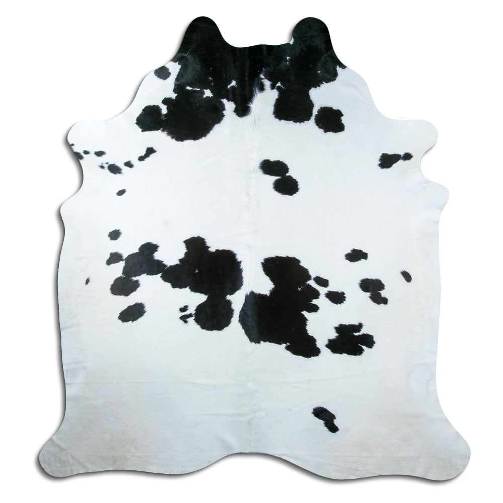 Zwart-witte koeienhuid, ongeveer 220 × 210 cm, van bovenaf gezien: precies de huid die je ontvangt