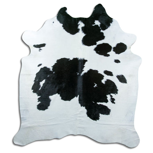 Zwart-witte koeienhuid, ongeveer 210 × 190 cm, van bovenaf gezien: precies de huid die je ontvangt