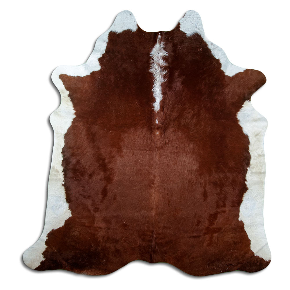 Bruin-witte koeienhuid, ongeveer 210 × 200 cm, van bovenaf gezien: precies de huid die je ontvangt