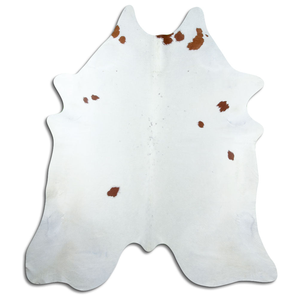 Bruin-witte koeienhuid, ongeveer 220 × 200 cm, van bovenaf gezien: precies de huid die je ontvangt