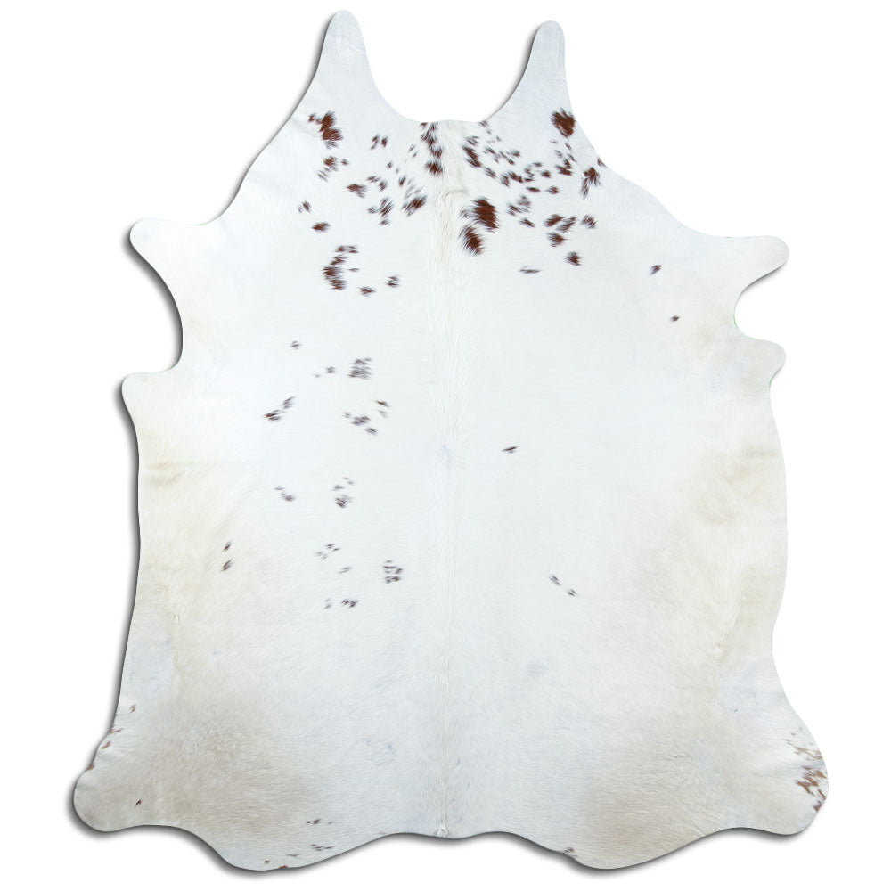 Bruin-witte koeienhuid, ongeveer 230 × 200 cm, van bovenaf gezien: precies de huid die je ontvangt