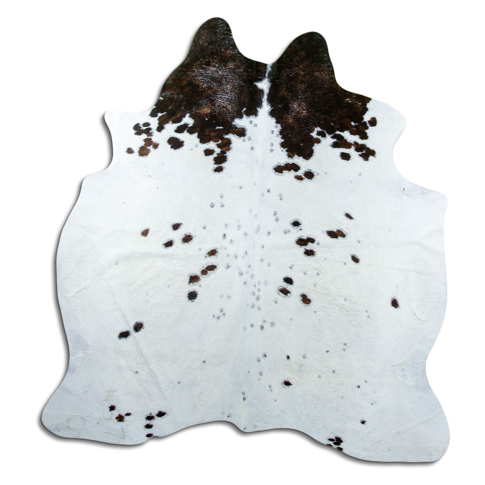 Bruin-witte koeienhuid, ongeveer 180 × 170 cm, van bovenaf gezien: precies de huid die je ontvangt