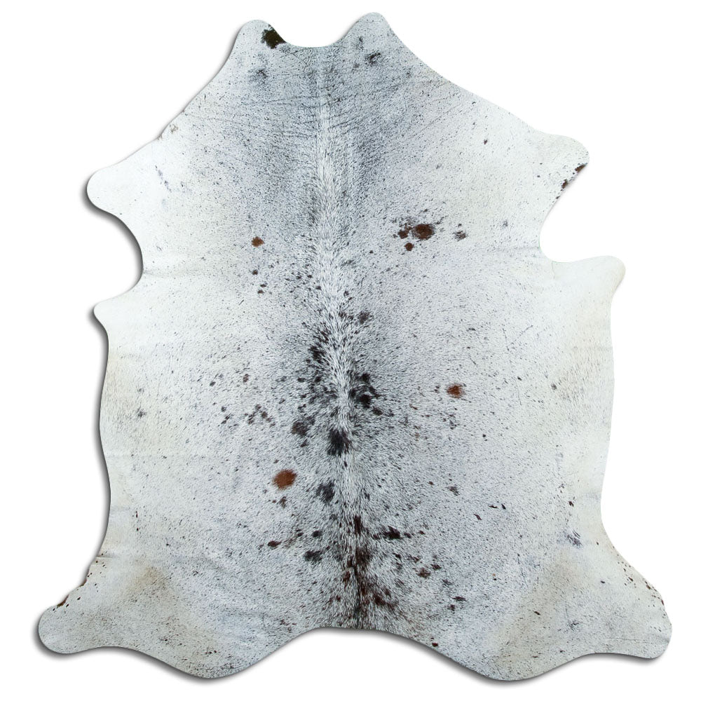 Salt & pepper koeienhuid, ongeveer 170 × 170 cm, van bovenaf gezien: precies de huid die je ontvangt