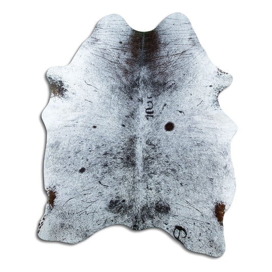 Salt & pepper koeienhuid, ongeveer 180 × 140 cm, van bovenaf gezien: precies de huid die je ontvangt