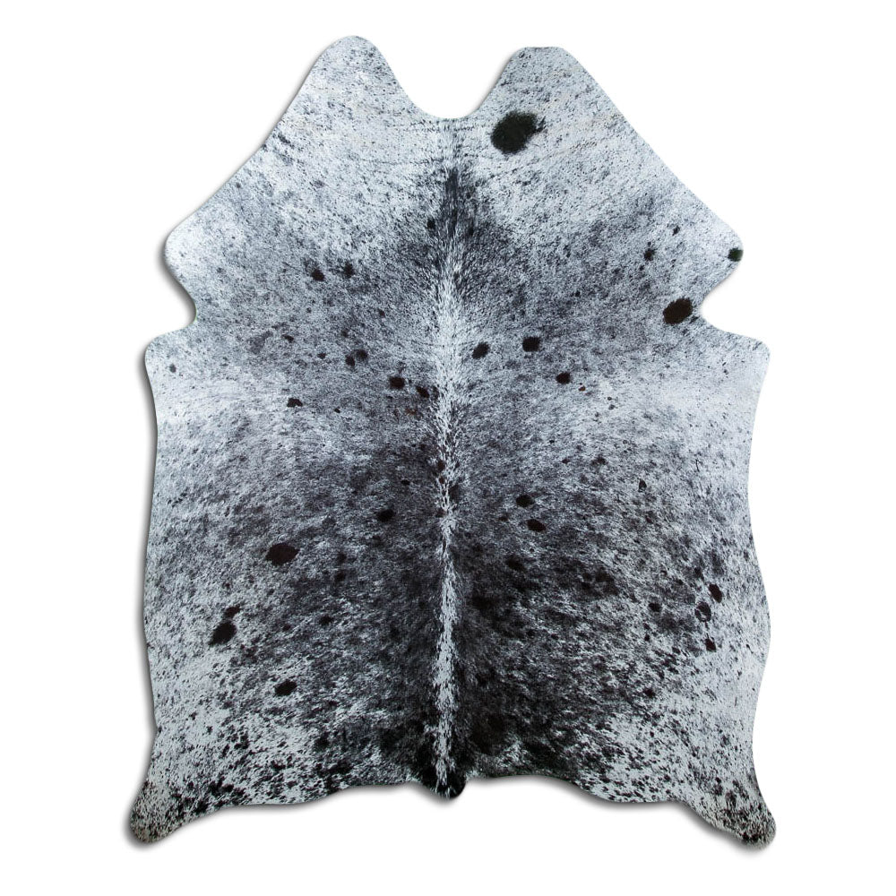 Salt & pepper koeienhuid, ongeveer 190 × 150 cm, van bovenaf gezien: precies de huid die je ontvangt