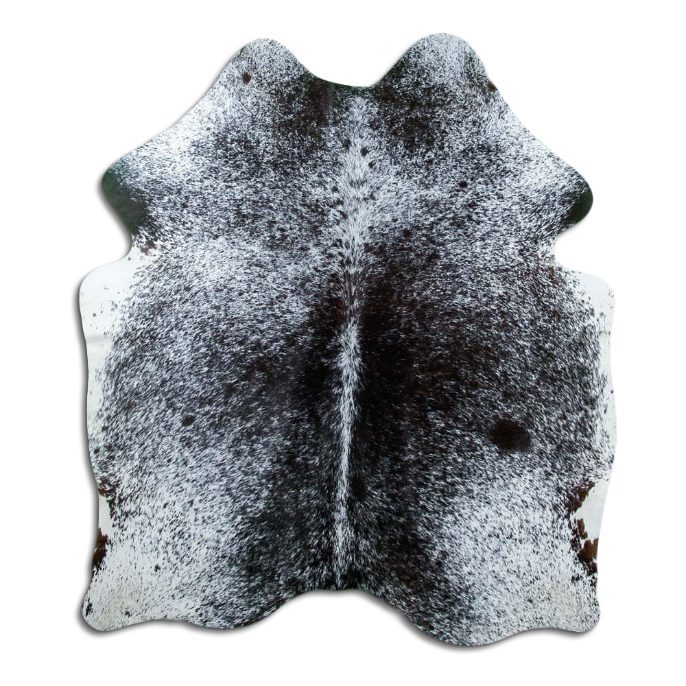 Salt & pepper koeienhuid, ongeveer 170 × 140 cm, van bovenaf gezien: precies de huid die je ontvangt