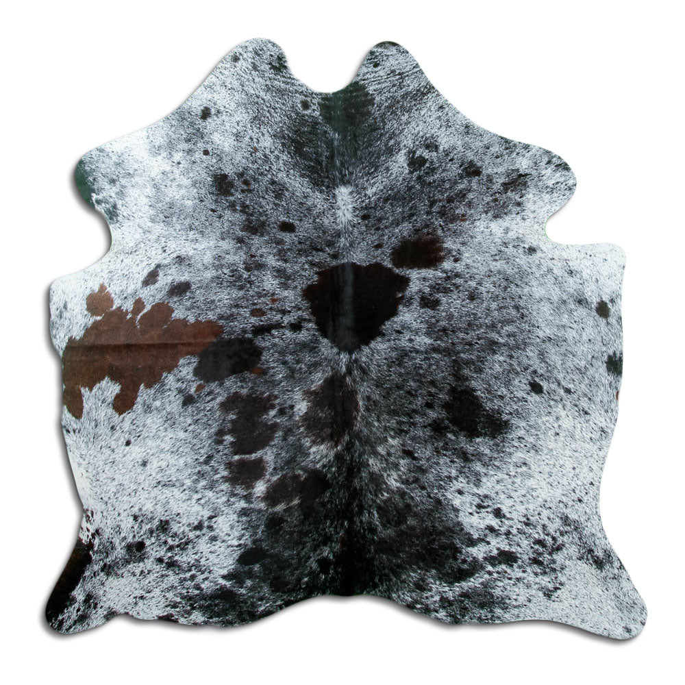 Salt & pepper koeienhuid, ongeveer 160 × 160 cm, van bovenaf gezien: precies de huid die je ontvangt