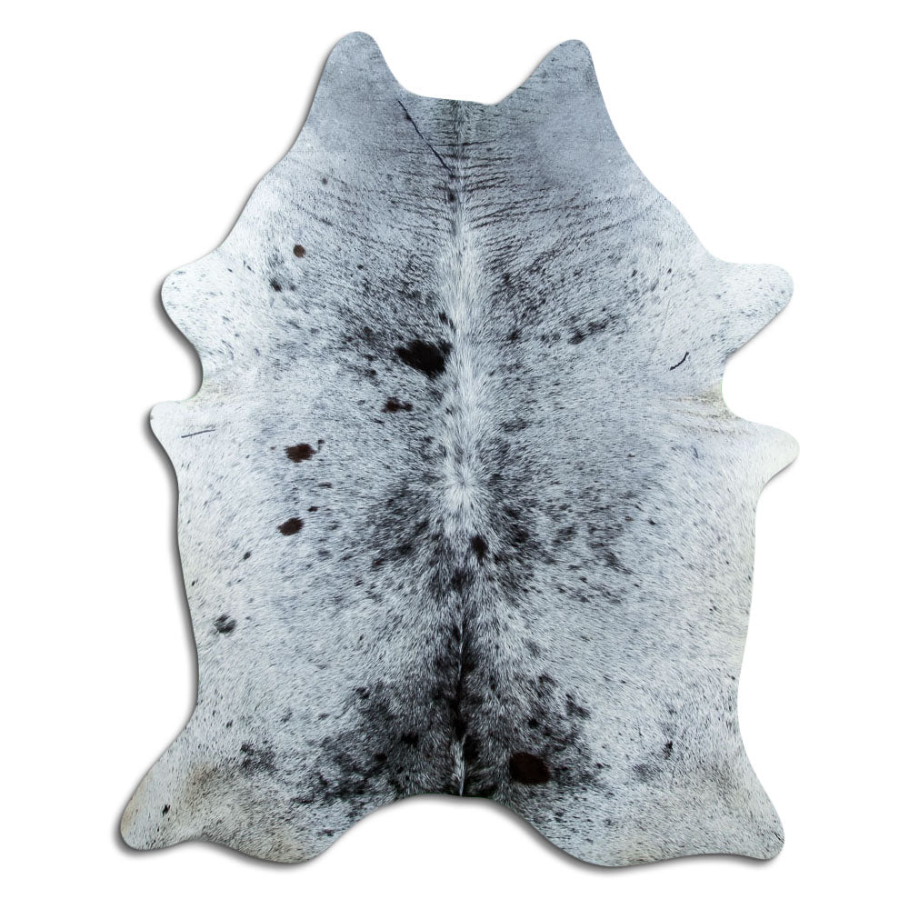 Salt & pepper koeienhuid, ongeveer 210 × 170 cm, van bovenaf gezien: precies de huid die je ontvangt
