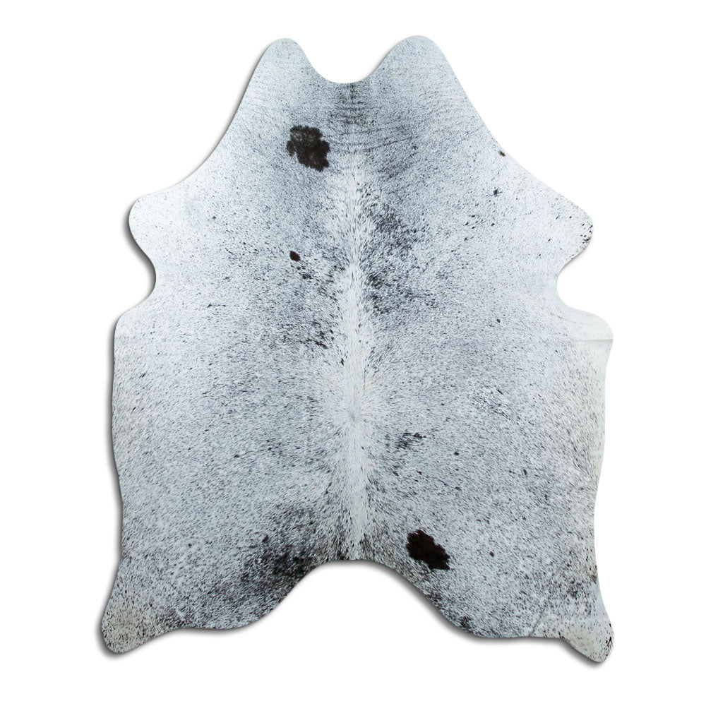 Salt & pepper koeienhuid, ongeveer 180 × 150 cm, van bovenaf gezien: precies de huid die je ontvangt