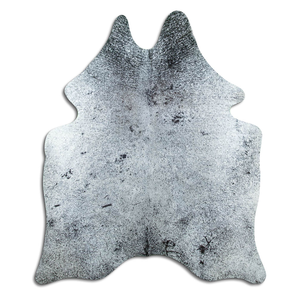 Salt & pepper koeienhuid, ongeveer 190 × 160 cm, van bovenaf gezien: precies de huid die je ontvangt