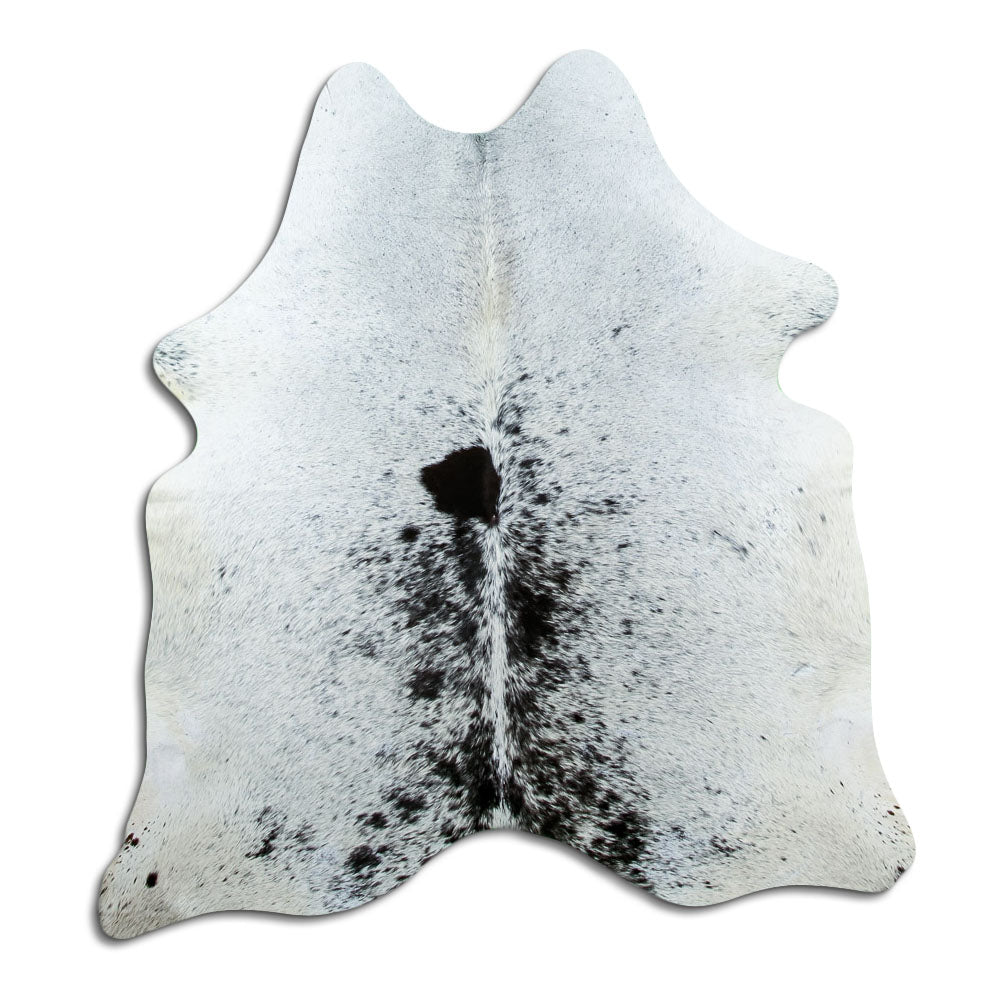 Salt & pepper koeienhuid, ongeveer 170 × 160 cm, van bovenaf gezien: precies de huid die je ontvangt