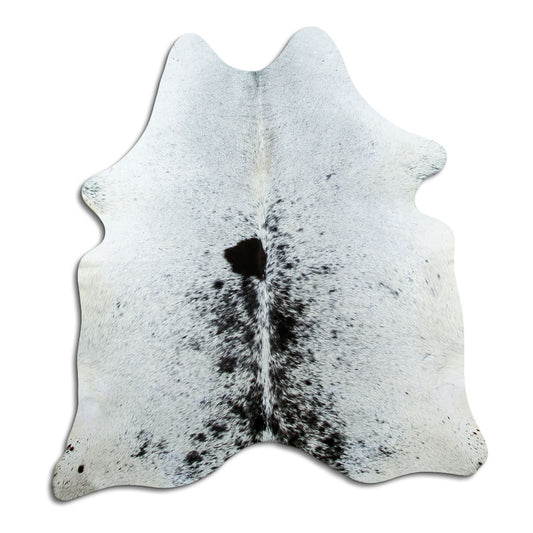 Salt & pepper koeienhuid, ongeveer 170 × 160 cm, van bovenaf gezien: precies de huid die je ontvangt