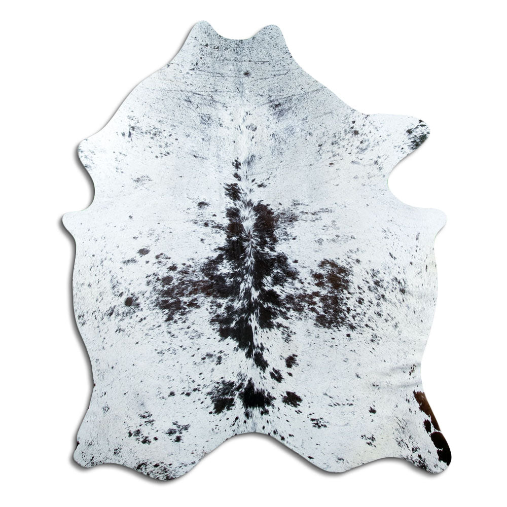 Salt & pepper koeienhuid, ongeveer 190 × 160 cm, van bovenaf gezien: precies de huid die je ontvangt