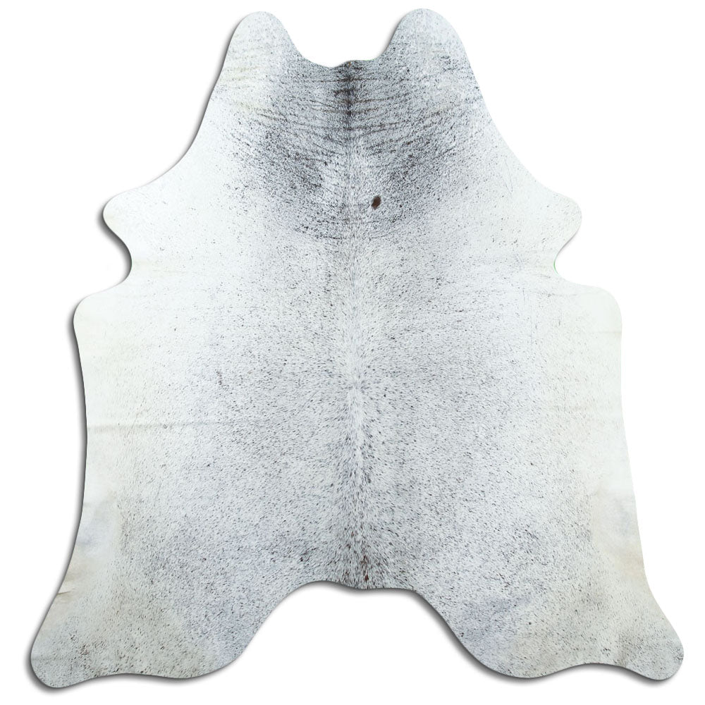 Salt & pepper koeienhuid, ongeveer 200 × 190 cm, van bovenaf gezien: precies de huid die je ontvangt