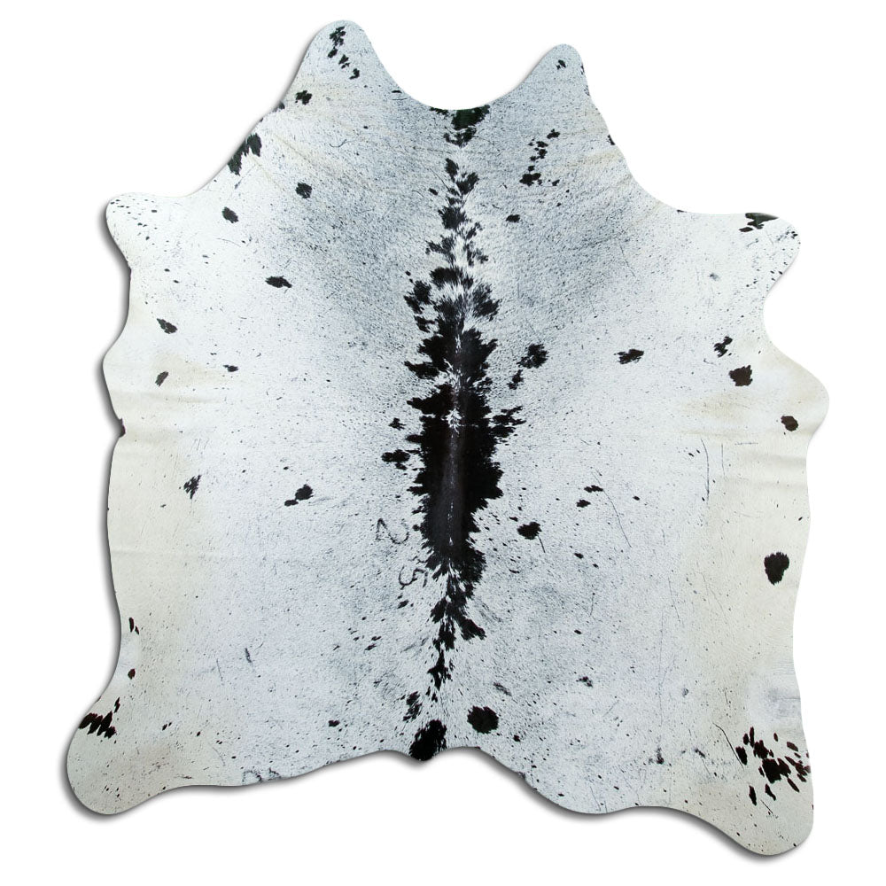 Salt & pepper koeienhuid, ongeveer 180 × 170 cm, van bovenaf gezien: precies de huid die je ontvangt