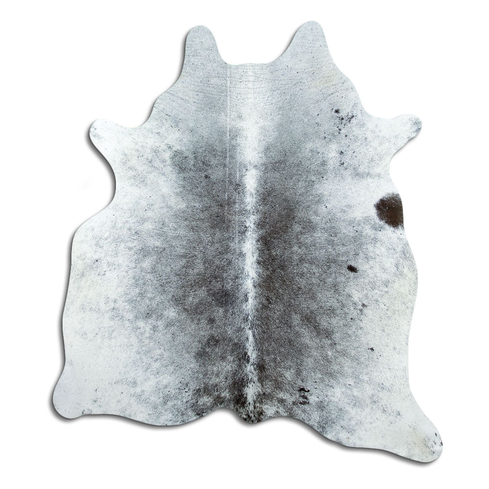 Salt & pepper koeienhuid, ongeveer 180 × 160 cm, van bovenaf gezien: precies de huid die je ontvangt