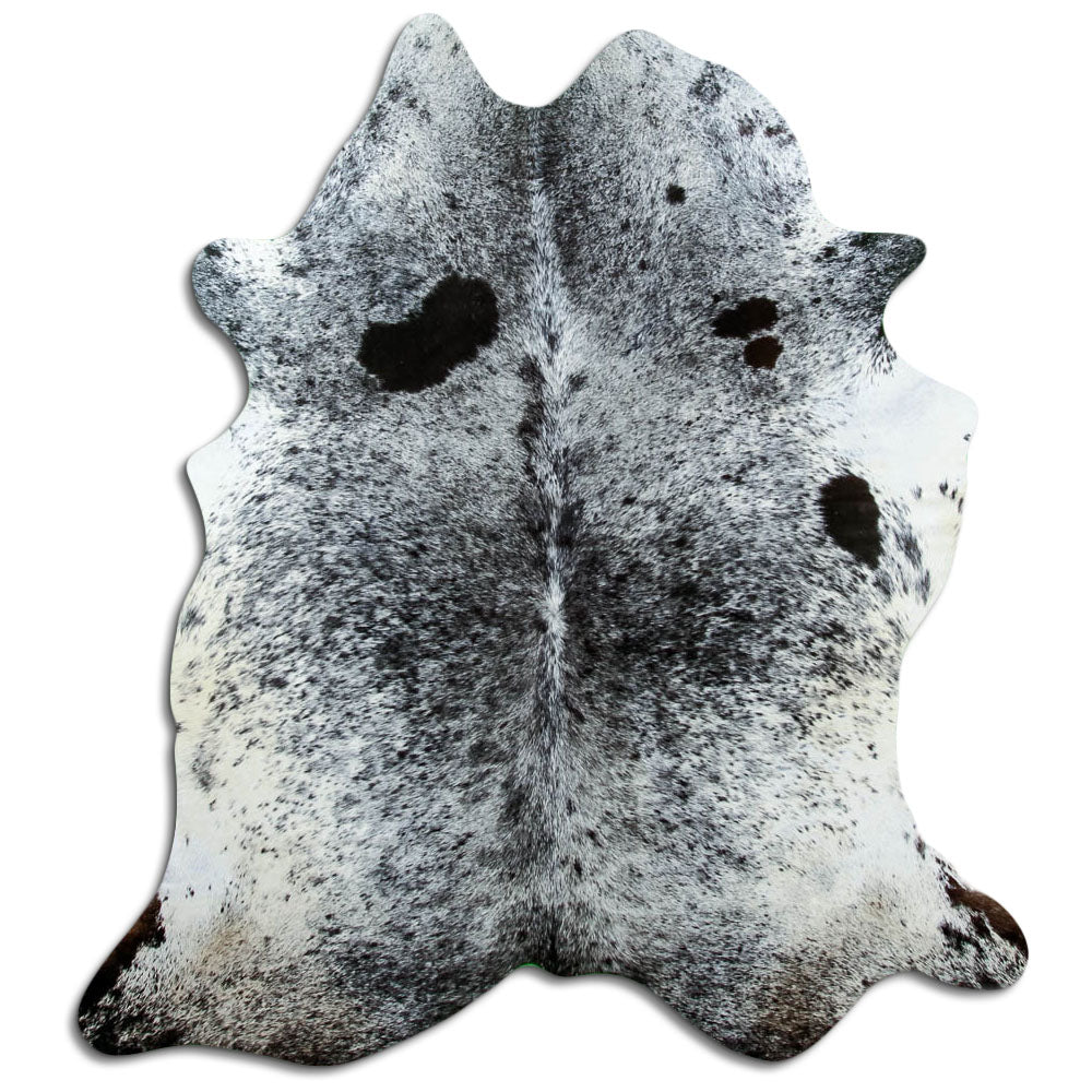 Salt & pepper koeienhuid, ongeveer 200 × 180 cm, van bovenaf gezien: precies de huid die je ontvangt